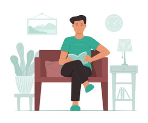 Man sitting on sofa and reading a book vector