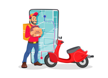 Food delivery man with scooter holding fast vector