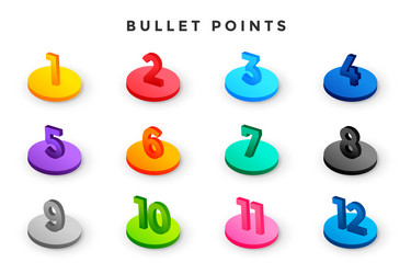 3d style bullet points numbers from one to twelve vector