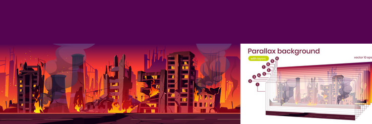 Parallax background city in fire war destroy vector