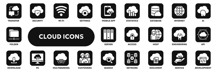set of solid icons related to cloud computing vector image
