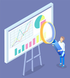 Man look at data chart on board with hand lens vector