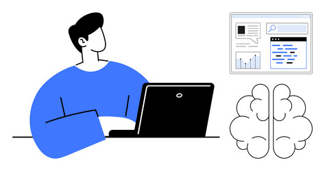 man working on laptop with analytics and brain vector image