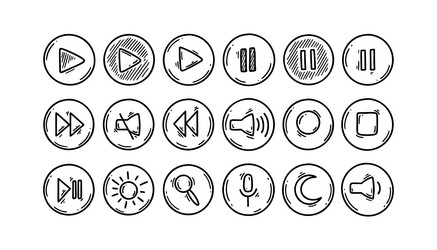 Doodle media and video interface circle buttons vector