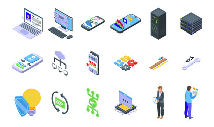 Api icons set isometric computer develop code vector