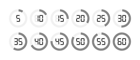 timer and stopwatch icon set with digital numbers vector image