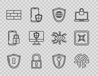 set line shield with keyhole fingerprint world vector image