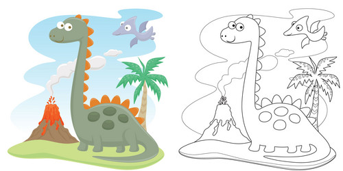 Cartoon dinosaurs with prehistoric elements vector