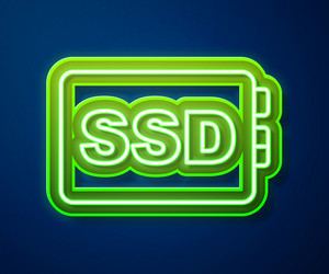 Glowing neon line ssd card icon isolated on blue vector