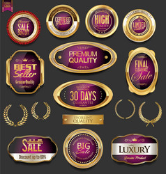 golden badges and labels with laurel wreath vector