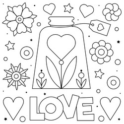 Love Coloring Page - Heart & Flowers Vector Image