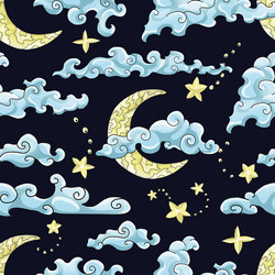 Night sky seamless pattern with clouds stars moons