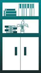 Cabinet with books and plant pot blue lines vector