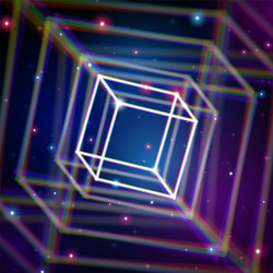 Shiny cube with color aberrations in space vector