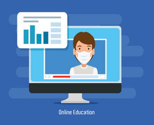 man using face mask studying online in desktop vector image