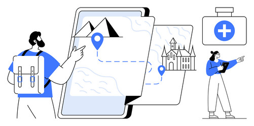 travelers exploring a digital map with landmarks vector image