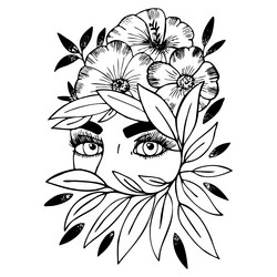 Sketch of a female face with flowers black vector