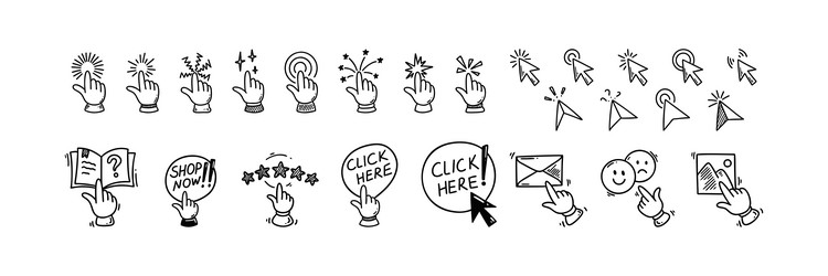 Doodle click icons set hand finger cursor pointer vector