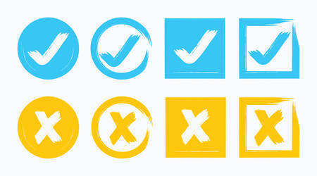 Blue and yellow brush check mark x set vector