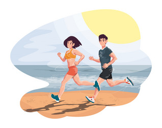 Young couple jogging by the sea vector