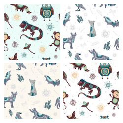 seamless patterns with animals in boho style vector