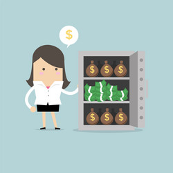 Businesswoman with a lot of money bags in safe vector