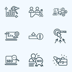 seo icons line style set with startup upload vector image