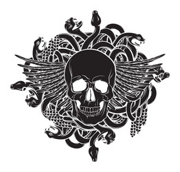 Skull with Snakes & Wings - Gothic Vector Image
