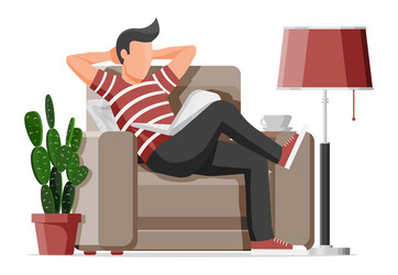 Freelancer man in armchair works at home vector