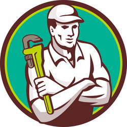 Plumber monkey wrench arms crossed circle retro vector