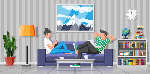 Man and woman on sofa with notebook laptop vector