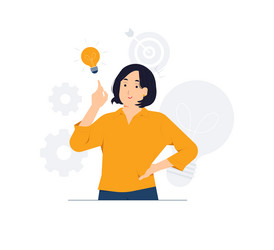 woman pointing finger up having idea and looking vector