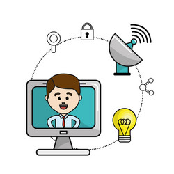 Man inside of computer and technology wifi icons vector