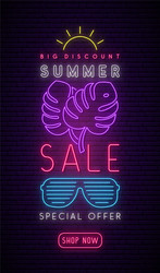 Neon summer sale signboard bright advertising vector