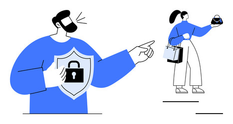 man holding shield with lock for security pointing vector image