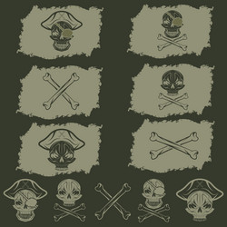 Pirate skull with hat set on flags and icons vector