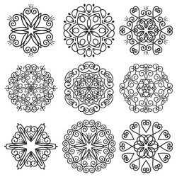 collection of black rounded floral ornaments vector