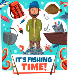 fishing time fisher man lures and tackles cartoon vector