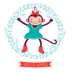 Hello winter concept card with monkey - symbol vector