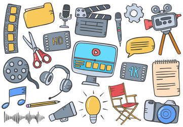 Video editing concept doodle hand drawn set vector