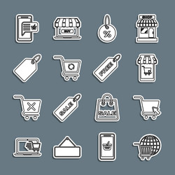 Set line shopping cart with globe cursor mobile vector