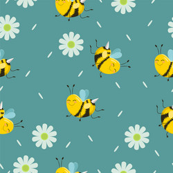 Seamless pattern with turquoise bees flowers vector