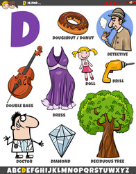 Letter d set with cartoon objects and characters Vector Image