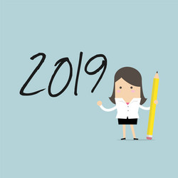 businesswoman use pencil to draw 2019 vector