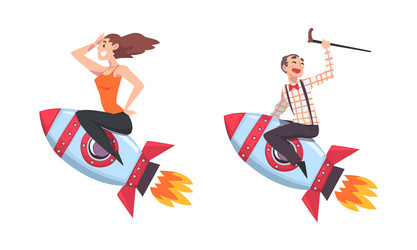 Man and woman flying on space rocket moving upward