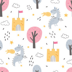 cute seamless dragon and princess pattern vector