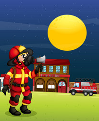 a fireman in the middle of night vector