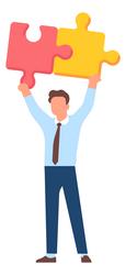 Man connecting puzzle pieces guy solving problem vector