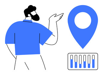 man gesturing to a navigation pin and bar chart vector image