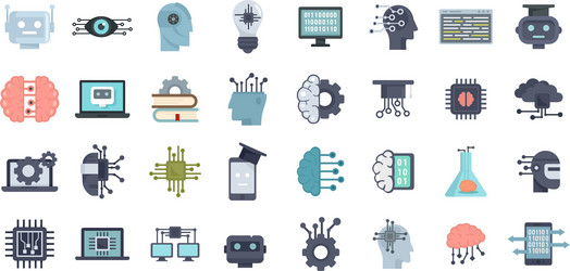 machine learning icons set flat isolated vector